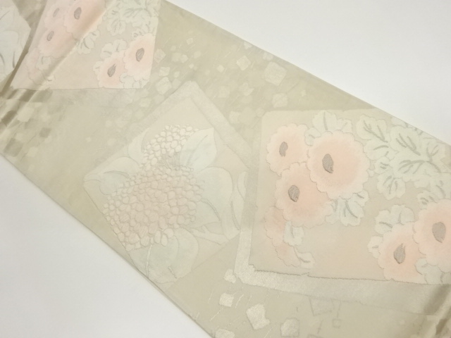 破れ色紙に紫陽花・牡丹模様織出し袋帯